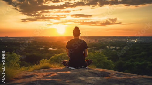 Back view of a man sitting in yoga pose in the sunrise at a view point over a forest and some buildings 