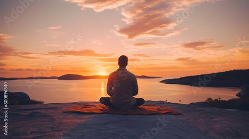 Back view of a man sitting in yoga pose in the sundown with a lake and mountains in front of him © bmf-foto.de