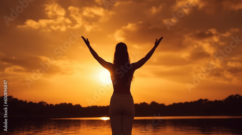 Back view of a womanstanding in yoga pose in the sunrise with a lake in front of arms stretched upwards