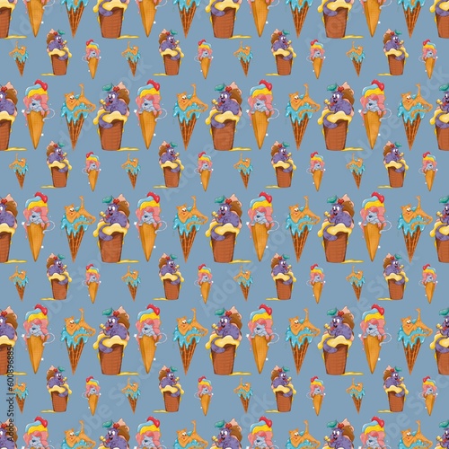 Seamless pattern. Cheerful cat in ice cream