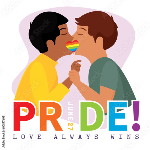 Isolated homosexual couple kissing each other Pride month Vector