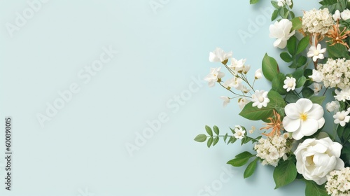 Beautiful floral background featuring a mix of fresh delicate white flowers. Wedding card, birthday, celebration. With copy space. Generative AI. 