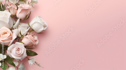 Romantic wedding floral background with a combination of white and pink roses. Charming arrangement. Minimalist design, card, pink background with copy space. Generative AI. 