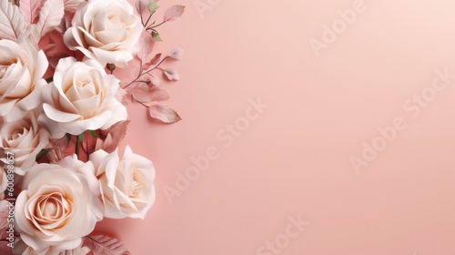 Romantic wedding floral background with a combination white and pink roses. Charming arrangement. Minimalist design, card, pink background with copy space. Generative AI. 
