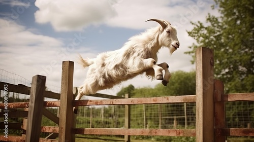 A brown and white goat jumping over a fence. AI generated