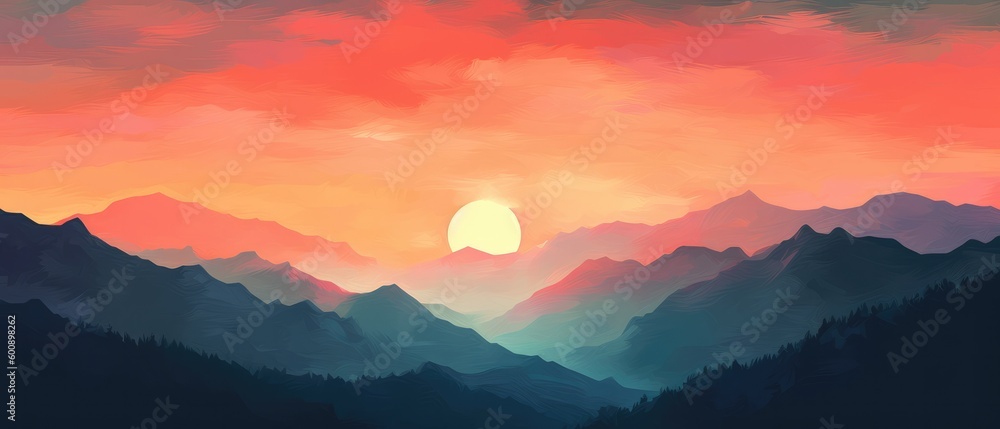 Oil painting of a majestic mountain range with the color of the sunset. Stunning abstract background, oil brush strokes, landscape, mountain, wallpaper. Generative AI. 