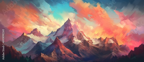 Oil painting of a majestic mountain range with beautiful colours. Stunning abstract background, oil brush strokes, landscape, mountain, wallpaper. Generative AI.  © Dannchez