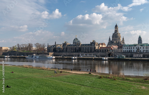 Spring architecture panorama of the Old Town with Elbe river in Dresden, Saxony, Germany.