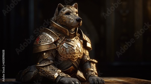 image generated by artificial intelligence, kneeling dog knight, portrait, finely detailed armor, intricate design, silver, silk, cinematic lighting, 4k