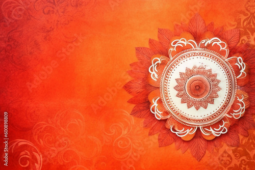 orange Pantone color background paper texture Rangoli pattern painting. AI generative