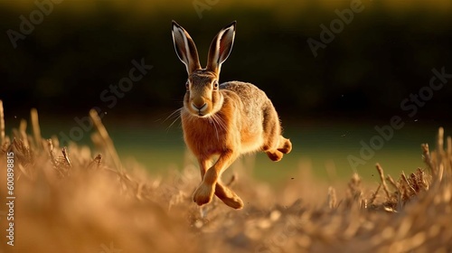 A brown hare hopping across a field. AI generated © ArtStage