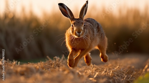 A brown hare hopping across a field. AI generated © ArtStage