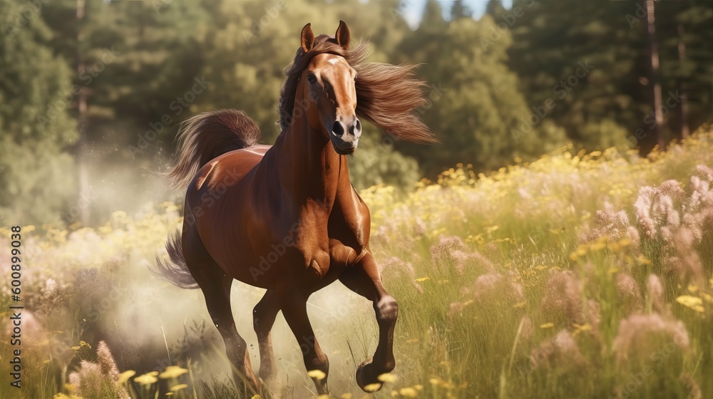 A brown horse galloping through a meadow. AI generated A brown horse galloping through a meadow. AI generated