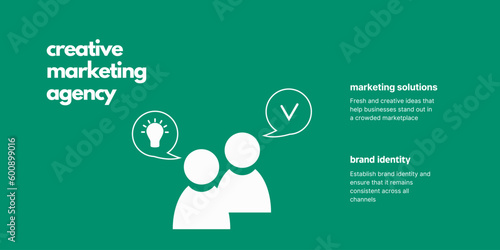 Creative Marketing Agency Banner on Green Background. Stylish Creativity Banner with White Text and Icons for Business and Marketing