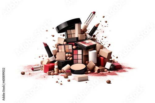 a lot of mixed makeup and cosmetics mixed in nice on isolated white background
