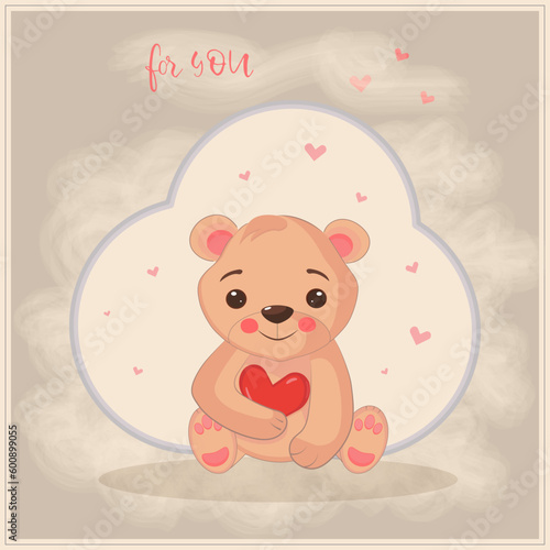 Card for you with bear and heart with broun background