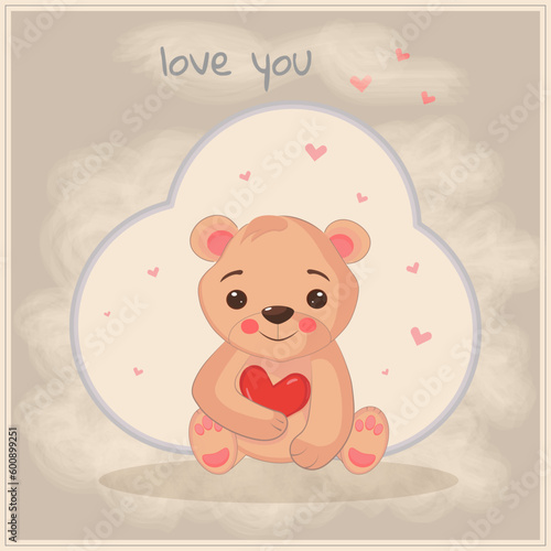 Love you card with bear and heart with broun background