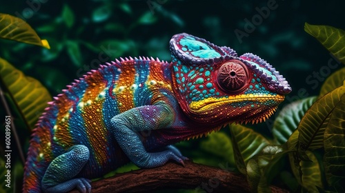 A cautious chameleon changing colors to blend in. AI generated