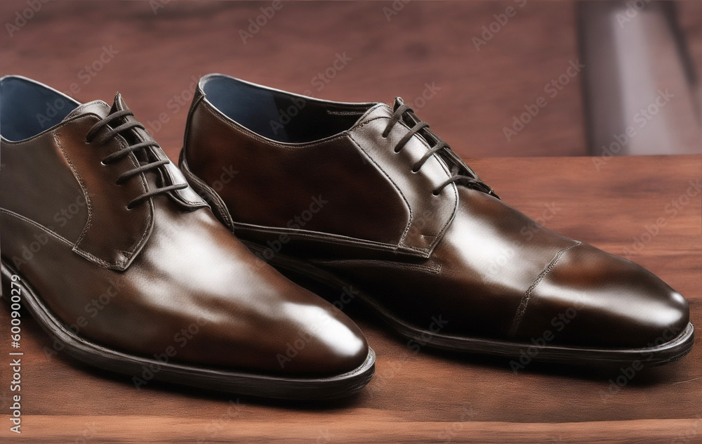 A pair of brown shoes with the word men on them. A pair of brown shoes with the word men on them.