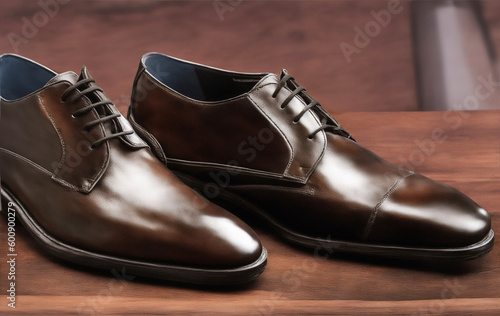 A pair of brown shoes with the word men on them.