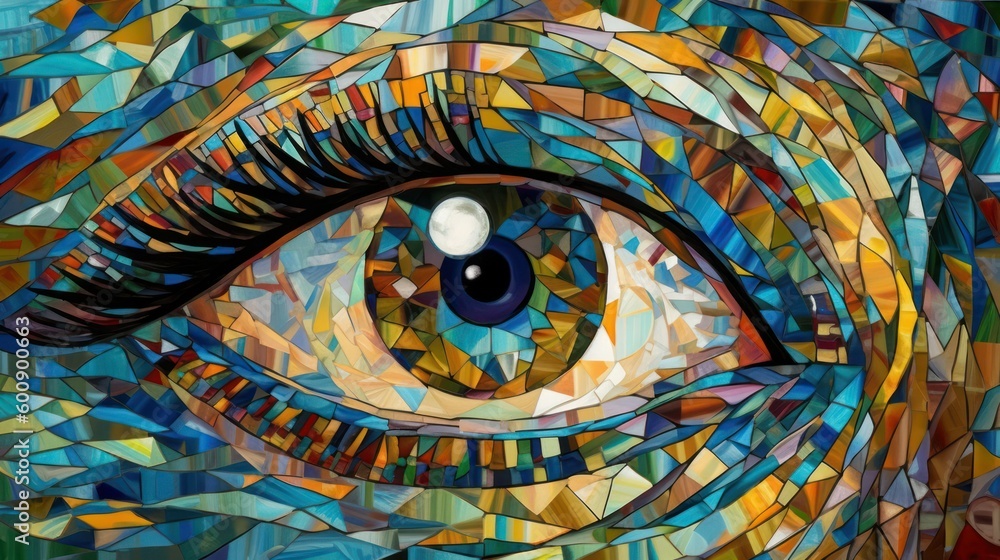 the eye looks to the future, mosaic azure and amber, breathtaking fine details.Generative AI