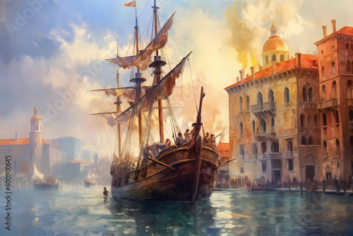 painting of Renaissance era sailing ship leaving Venice photo