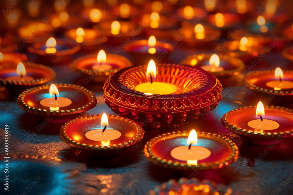 A Diya oil lamp, Diwali concept, blurred Hindu festival of lights celebration background. AI generative A Diya oil lamp, Diwali concept, blurred Hindu festival of lights celebration background. AI generative