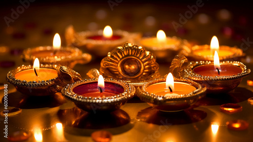 A Diya oil lamp, Diwali concept, blurred Hindu festival of lights celebration background. AI generative © SANGHYUN