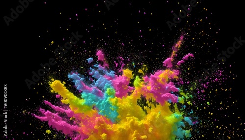 Rainbow holi powder. Abstract multi color paint explosion on black background. Colorful paint splashes on black background. Multicolor paint blast texture. Colorful paint spray on black. Generative AI