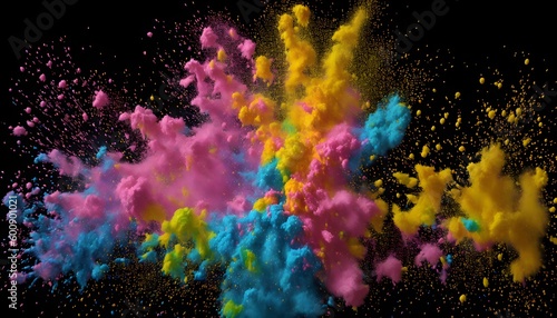 Rainbow holi powder. Abstract multi color paint explosion on black background. Colorful paint splashes on black background. Multicolor paint blast texture. Colorful paint spray on black. Generative AI © 360VP
