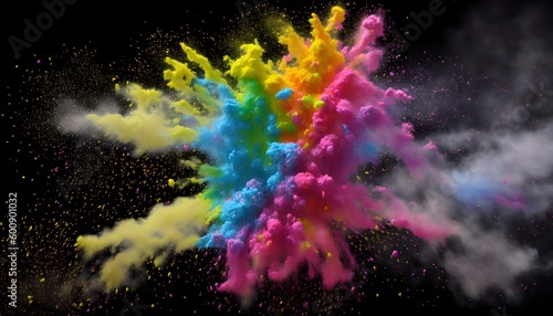 Rainbow holi powder. Abstract multi color paint explosion on black background. Colorful paint splashes on black background. Multicolor paint blast texture. Colorful paint spray on black. Generative AI