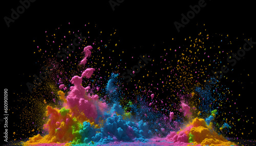 Rainbow holi powder. Abstract multi color paint explosion on black background. Colorful paint splashes on black background. Multicolor paint blast texture. Colorful paint spray on black. Generative AI