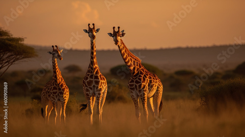 Immerse yourself in the rhythmic symphony of multiple giraffes as they gracefully navigate the vast savannah, their presence a testament to the endurance and resilience of life in the wild.