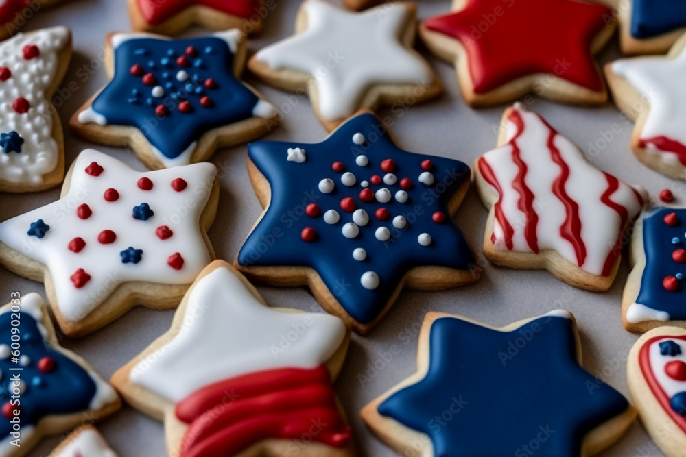 Cookies decorated in red white and blue for 4th July celebration. AI generative
