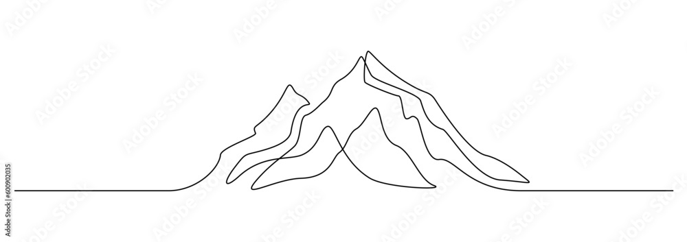 Mountain range landscape in one continuous line drawing. Web banner with mounts in simple linear style. Adventure winter sports concept in editable stroke. Doodle outline vector illustration - obrazy, fototapety, plakaty 
