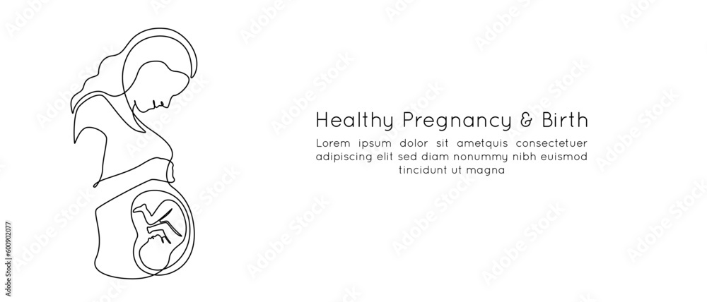 Fototapeta premium Pregnant Woman with embryo in one continuous line drawing. Healthy pregnancy and birth baby symbol in simple linear style. Concept for Happy Mother day. Editable stroke. Doodle Vector illustration