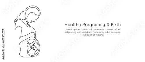 Pregnant Woman with embryo in one continuous line drawing. Healthy pregnancy and birth baby symbol in simple linear style. Concept for Happy Mother day. Editable stroke. Doodle Vector illustration