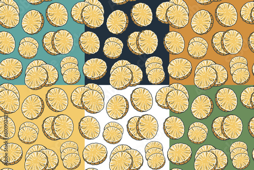 Exotic pineapple fruit juice seamless pattern set for design of summer background. Tropical yellow wallpaper collection with slice of pineapple