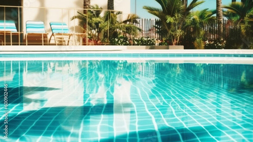 Empty poolside surface with summer travel hotel swimming pool background. AI generative © SANGHYUN