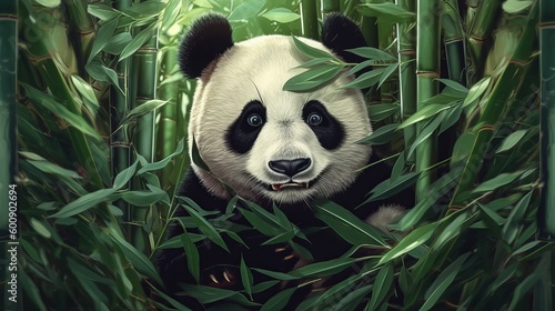 A cuddly panda peeking out of a bamboo forest. AI generated