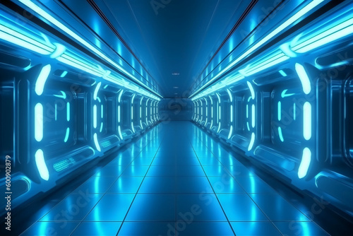 Futuristic background science fiction interior and blue light architecture corridor. AI generative