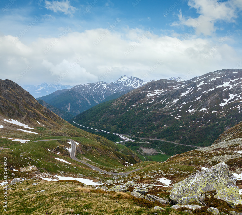 Great St. Bernard Pass summer landscape. It located in Switzerland in the canton of Valais, very close to Italy.