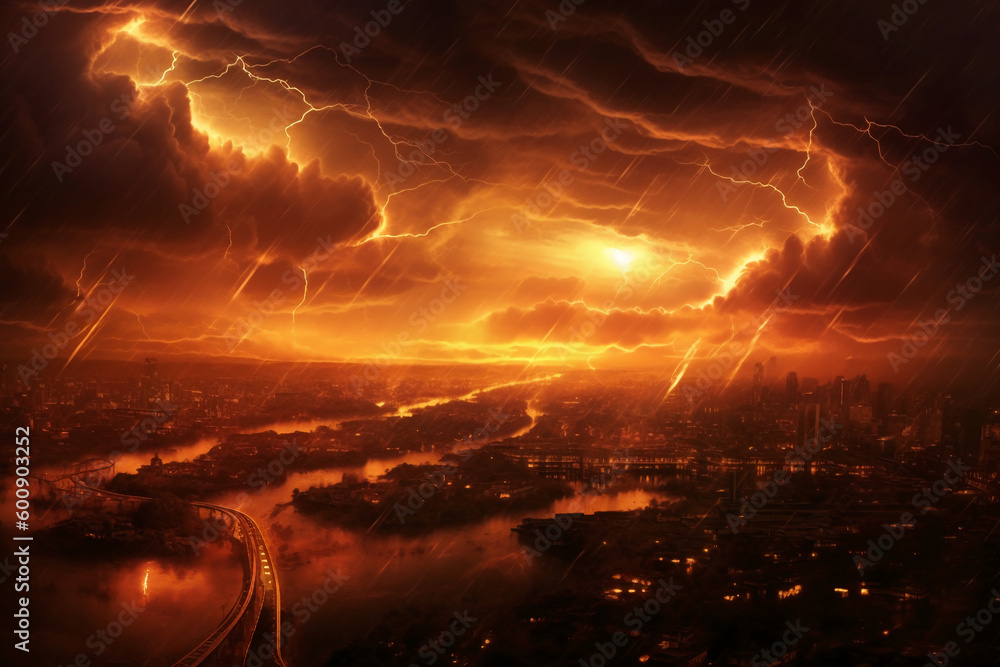 bright lightnings in apocalyptic sky. AI generative