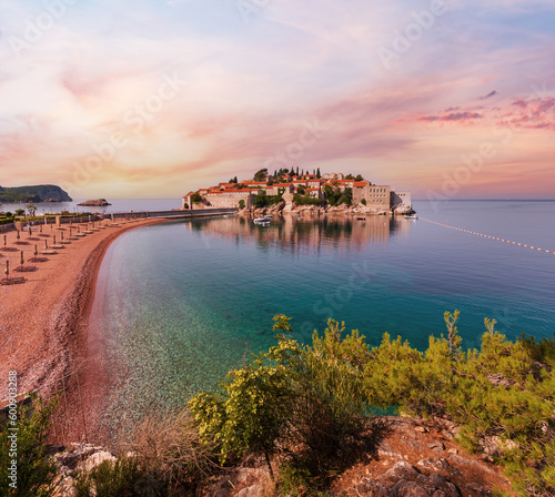 Pink sandy Milocer Beach (Montenegro, Sveti Stefan) photo