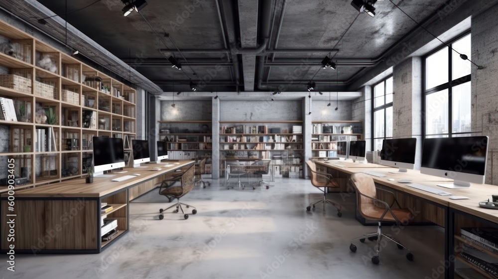 Loft-style office, large modern computers, office tables and chairs, light concrete walls and large panoramic windows. Generative AI Loft-style office, large modern computers, office tables and chairs, light concrete walls and large panoramic windows. Generative AI
