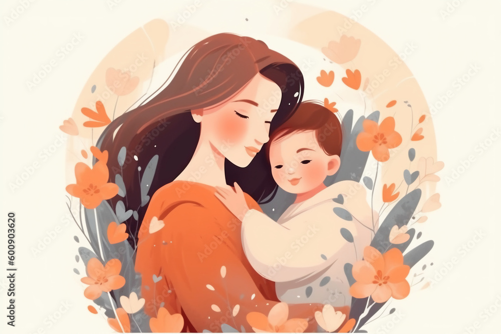 Illustration of mother with her little child, flower in the background. Concept of mothers day, mothers love, relationships between mother and child. AI generative Illustration of mother with her little child, flower in the background. Concept of mothers day, mothers love, relationships between mother and child. AI generative