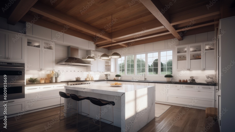 Large modern living room island table chairs hardwood ceilings, marble surfaces, hardwood floors, beautiful light from large windows Generative AI Large modern living room island table chairs hardwood ceilings, marble surfaces, hardwood floors, beautiful light from large windows Generative AI