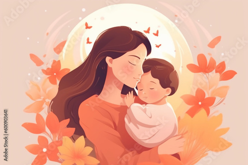Illustration of mother with her little child  flower in the background. Concept of mothers day  mothers love  relationships between mother and child. AI generative