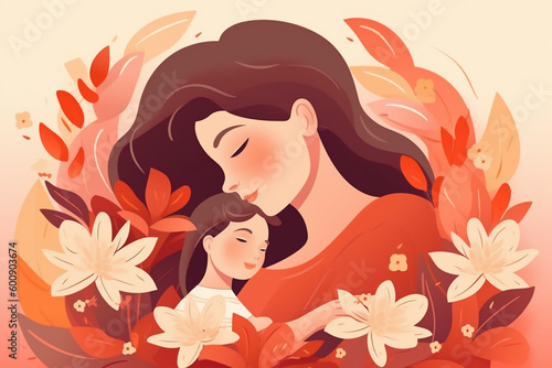 Illustration of mother with her little child  flower in the background. Concept of mothers day  mothers love  relationships between mother and child. AI generative