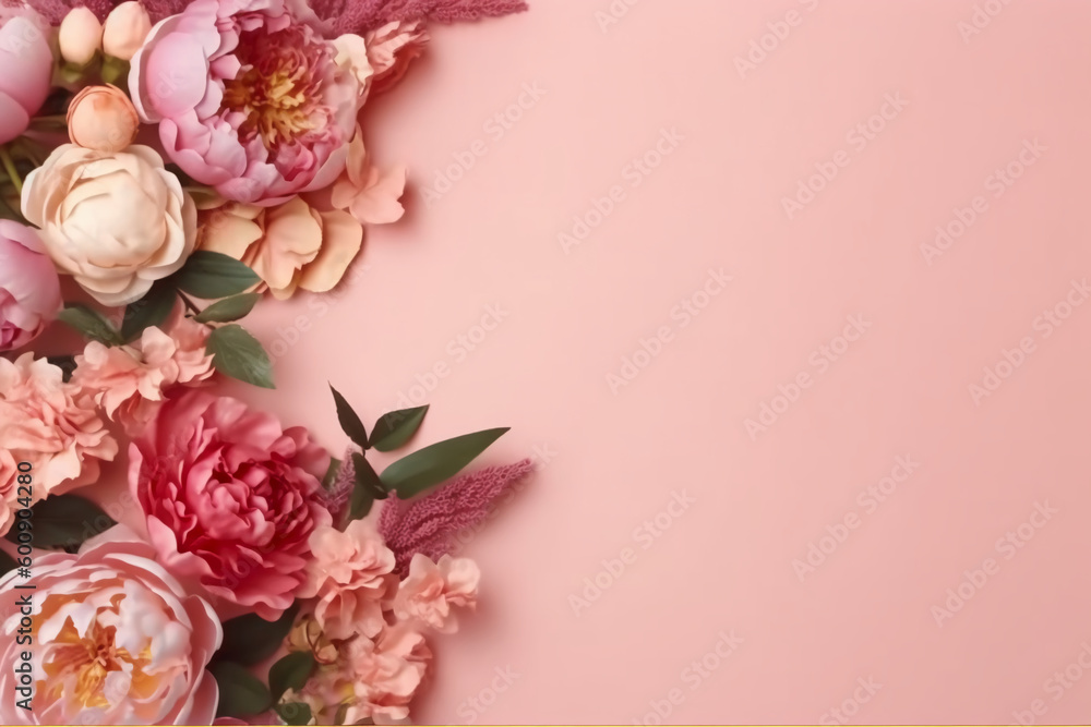 Peonies, roses on pink background with copy space. Abstract natural floral frame layout with text space. Romantic feminine composition. AI generative Peonies, roses on pink background with copy space. Abstract natural floral frame layout with text space. Romantic feminine composition. AI generative